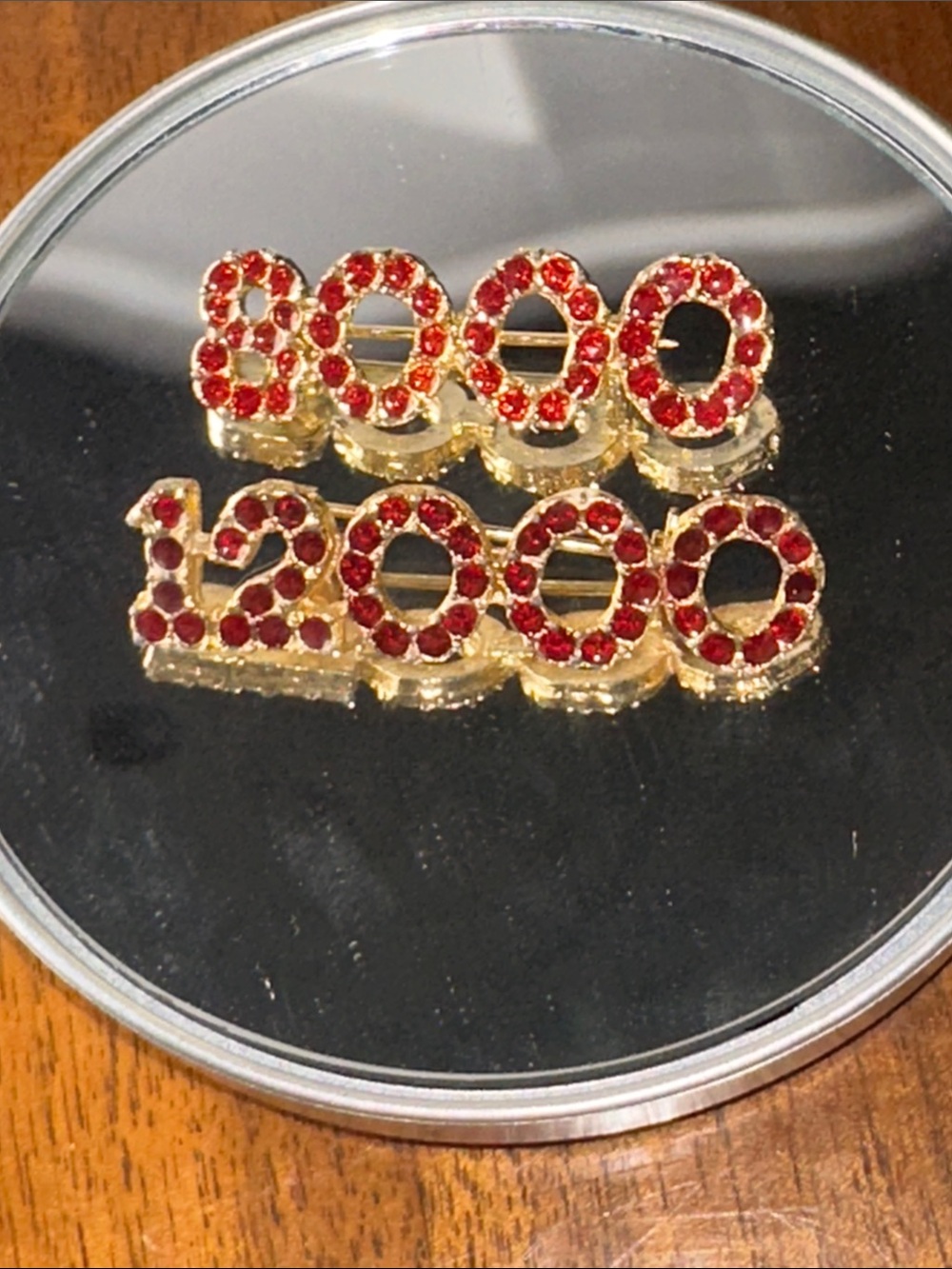 Two Vtg Gold-Tone Red Crystal Number Sales Recognition Brooches -8000 & 12000